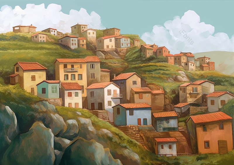 山坡小镇乡村春天绿色房屋自然油画背景,插画/手绘图,插画/手绘图库,插画/手绘图下载,插画/手绘